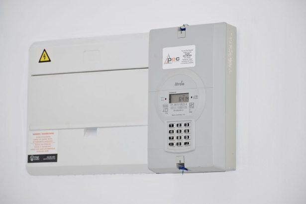 Medidor de energia elétrica e caixa de fusíveis instalados em uma parede branca.