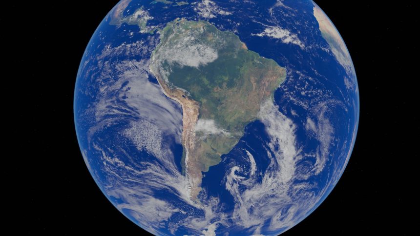 Imagem de satélite da Terra com a América do Sul em destaque, cercada pelo oceano.